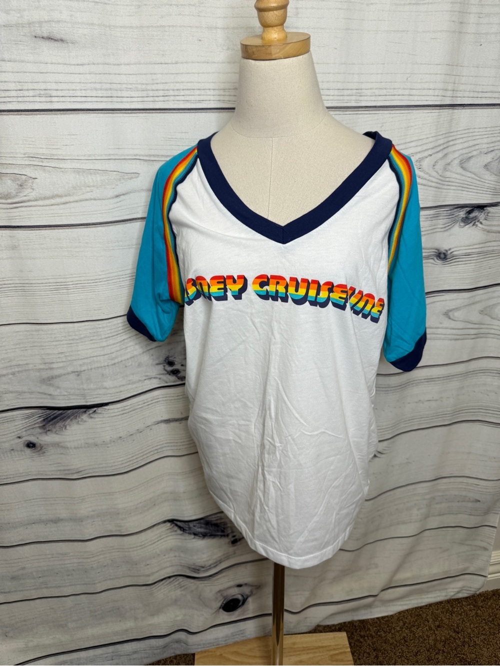 Disney cruise line Retro Rainbow Graphic V-Neck Tee in White and Teal